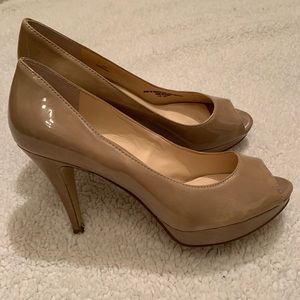 Enzo Angiolini Beige Patent Leather Peep Toe Pumps